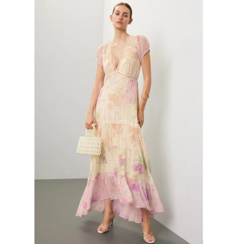 LOVESHACKFANCY Roupell Cream Pink Floral Tiered Ruffle Chiffon Dress size 4